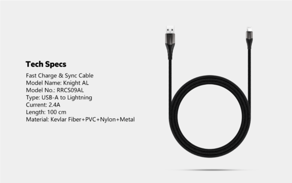 RockRose USB to Lightning Knight AL 2.4A Fast Charge & Data Sync Cable (1M) - Image 2