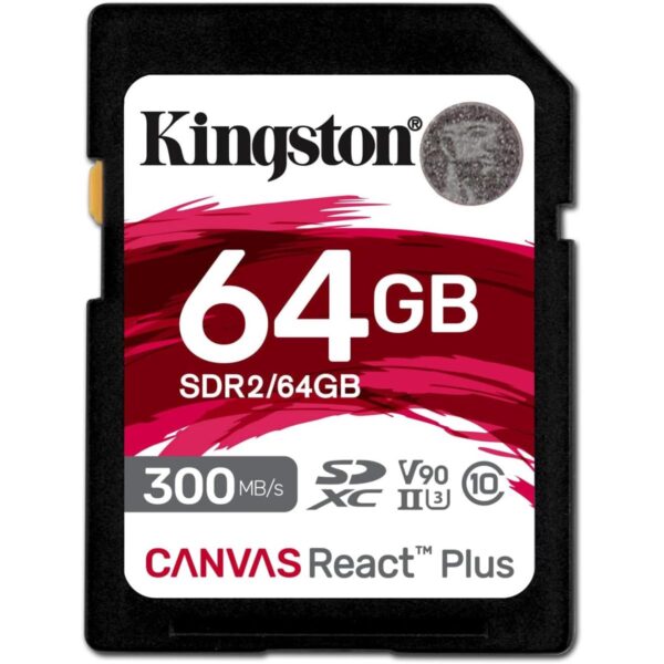 Kingston Canvas React Plus 64GB SD Card | SDXC UHS-II | 300R/260W U3 V90 | Full HD/4K/8K