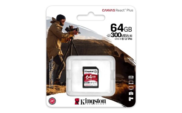 Kingston Canvas React Plus 64GB SD Card | SDXC UHS-II | 300R/260W U3 V90 | Full HD/4K/8K - Image 2