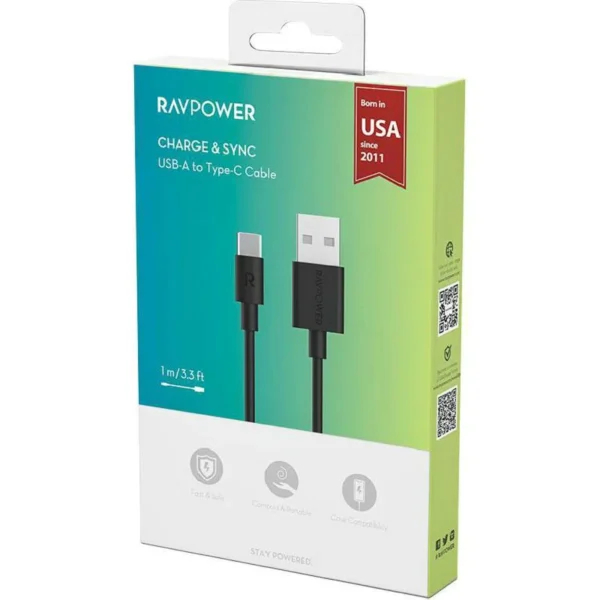 RAVPower Cable USB to Type C 1M TPE - Black - Image 7