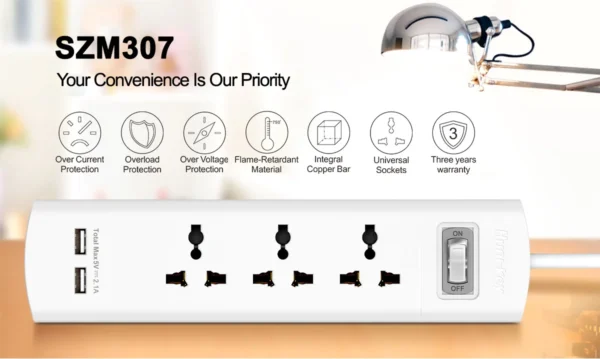 HUNTKEY Power Strip Universal 3 sockets / 2 USB outputs 2.1A 1.5m - Image 4