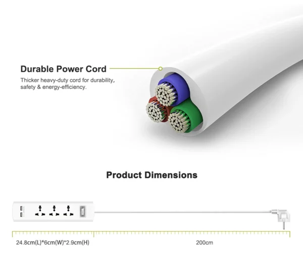 HUNTKEY Power Strip Universal 3 sockets / 2 USB outputs 2.1A 1.5m - Image 5