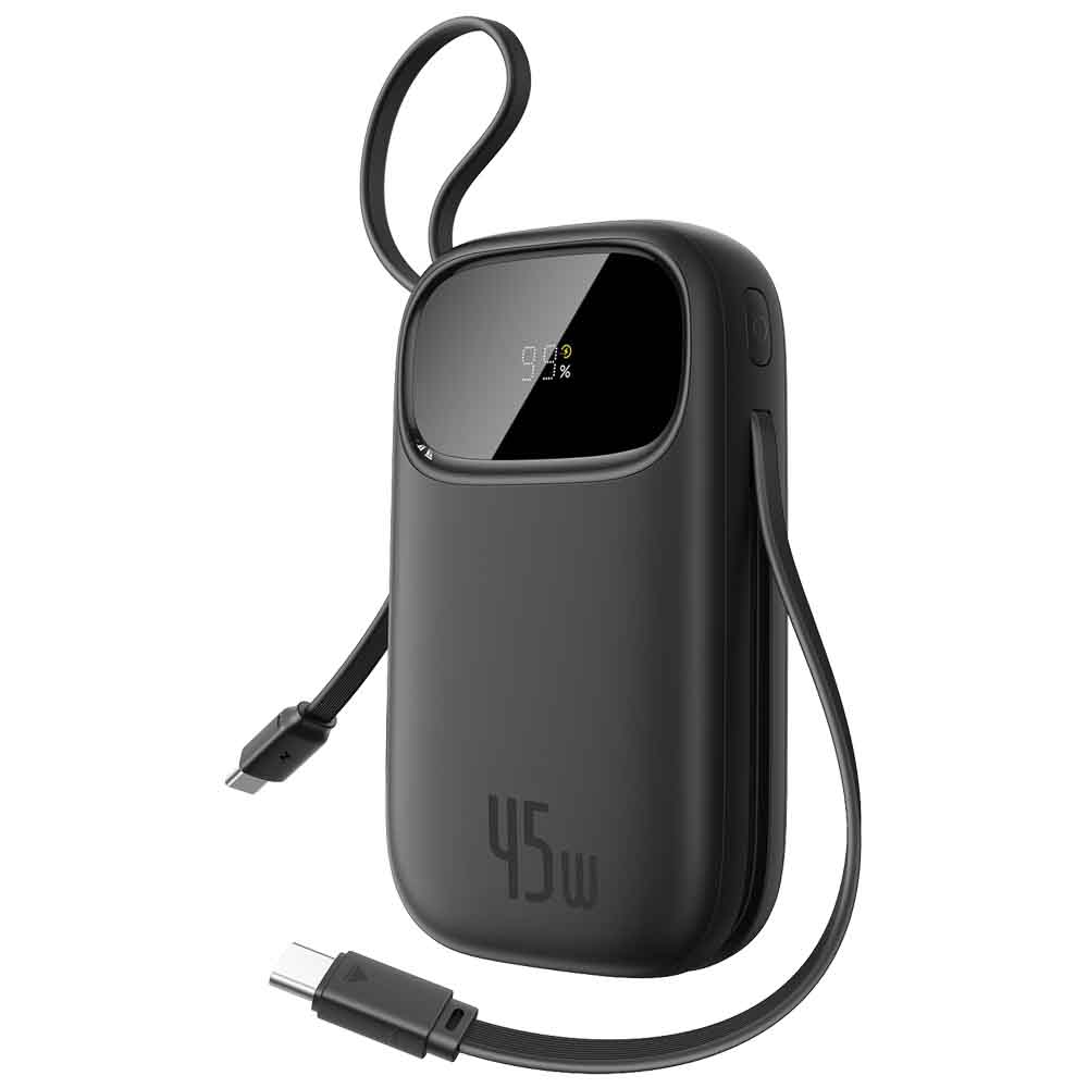 Baseus Powerbank 20000mAh 45W with Integrated USB-C Cable, Power Bank PD3.0 QC4.0 Fast Charging Battery Pack, 3 C and 1 A, Portable Charger for iPhone 17/Air/16/15/14 Pro Max, iPad, Galaxy, Black