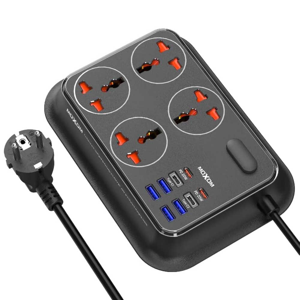 Moxom MX-ST24 12 IN 1 PD Power Strip With 4 Universal Socket, 4 USB, 4 Type-C And One Key Master Control For Multi Devices 20 W 2 Meter - Black