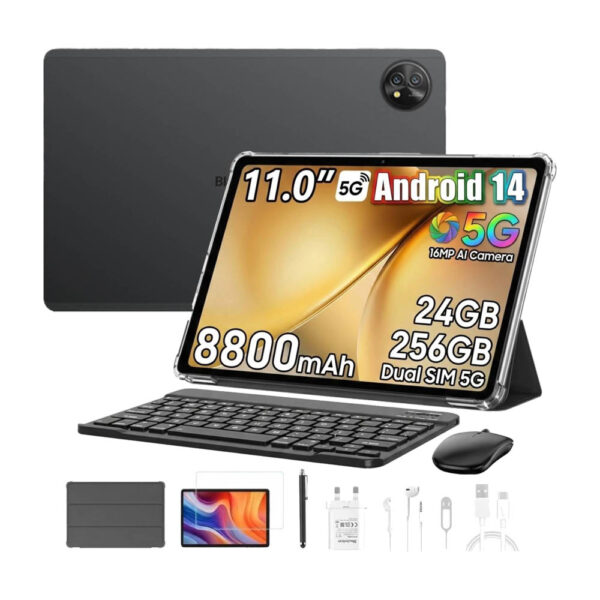 Blackview Zeno 10 5G AI Tablet, 11″ FHD+ 90Hz Display, Unisoc T820 Octa-Core, 8+16 RAM 256GB Storage, 16MP AI Camera, 8800mAh Battery, Dual SIM 5G, Android 14, w/ Keyboard, Mouse, Stylus Pen, Headphones, Screen Protector | Devices | Tablets